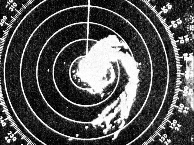 Lake Charles, LA WSR-57 radar image of Hurricane Edith at 10:08 AM CDT on September 16, 1971 shortly after landfall.