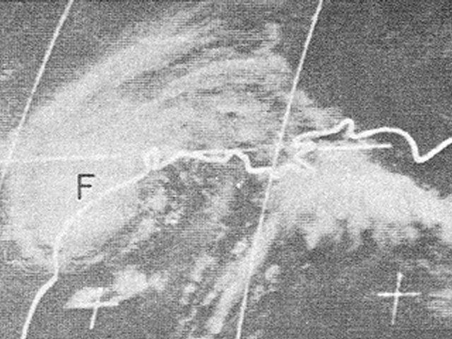 ATS-3 visible satellite image of Fern at 11:09 AMÂ CDTÂ on September 10, 1971Â shortly before landfall.