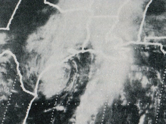 ATS-3 visible satellite image of Tropical Storm Delia just off the Texas Coast September 5, 1973 at 12:00 PM CDT.