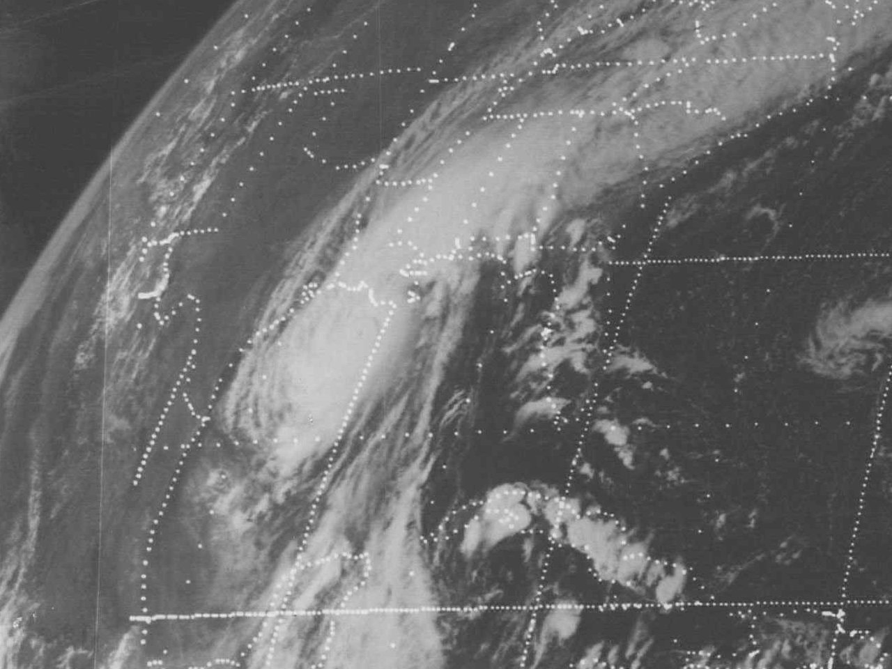 SMS-1 visible satellite image of Hurricane Carmen just off the Louisiana Coast September 7, 1974 at 3:30 PM CDT.