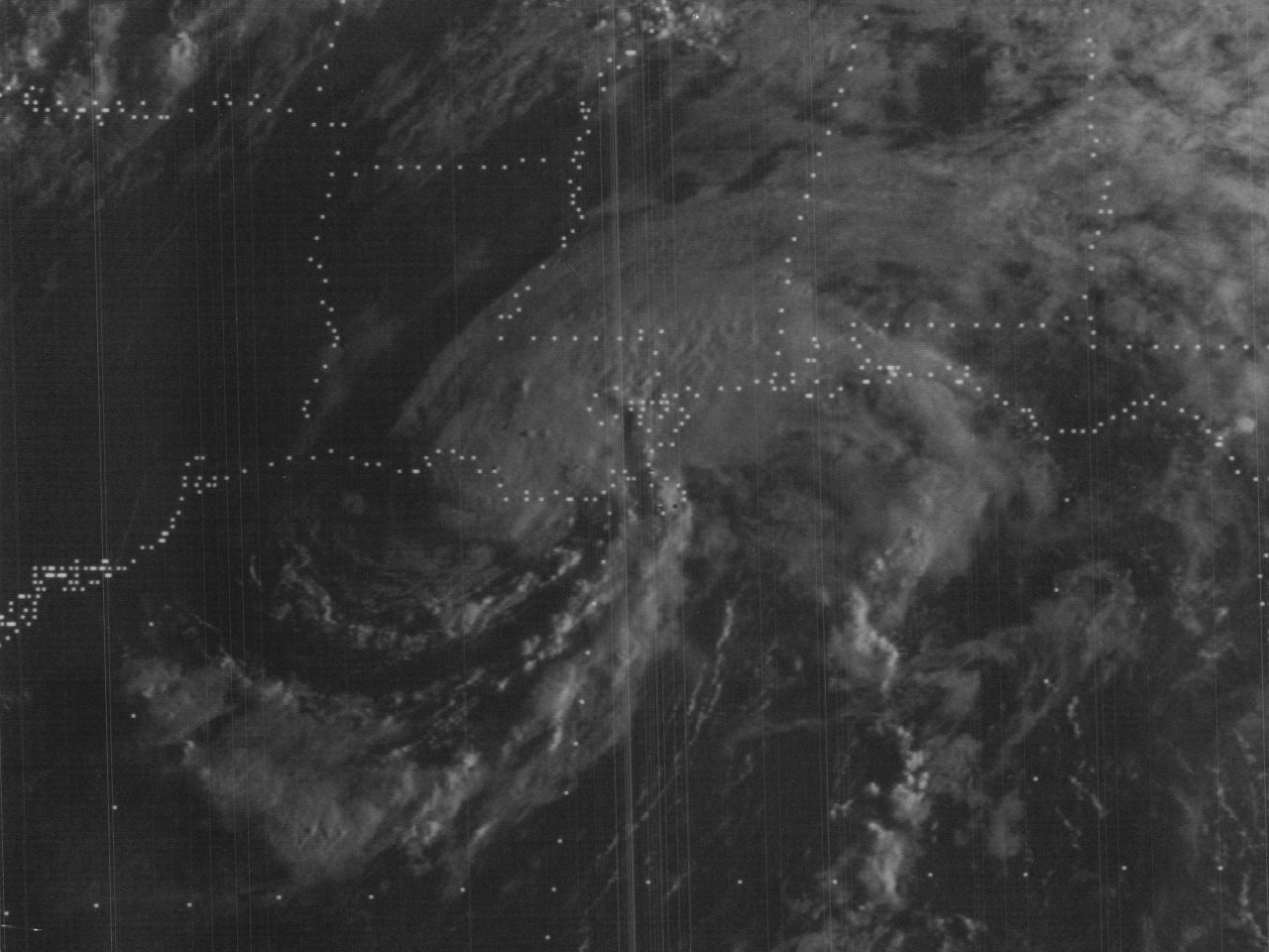 GOES-2 visible satellite image of Hurricane Babe just inland South Central Louisiana at 7:30Â AM CDTÂ September 5, 1977.