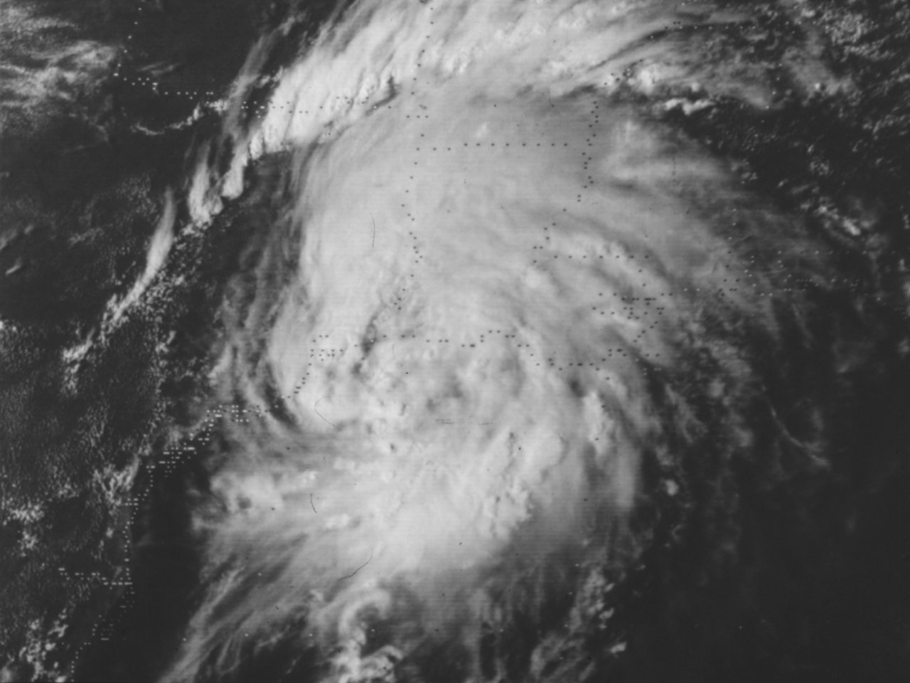 GOES 2 Visible Satellite Image of Tropical Storm Debra at 2101 UTC (4:01Â PM CDT) on August 28, 1978, shortly before landfall.