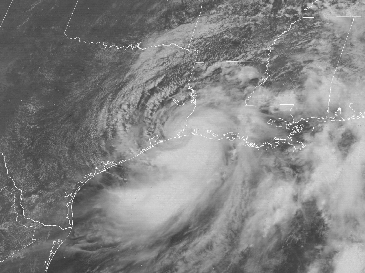 SMS-2 visible satellite image of Tropical Storm Claudette at 2:00 PM CDT July 24, 1979, just after landfall around Sabine Pass, TX.