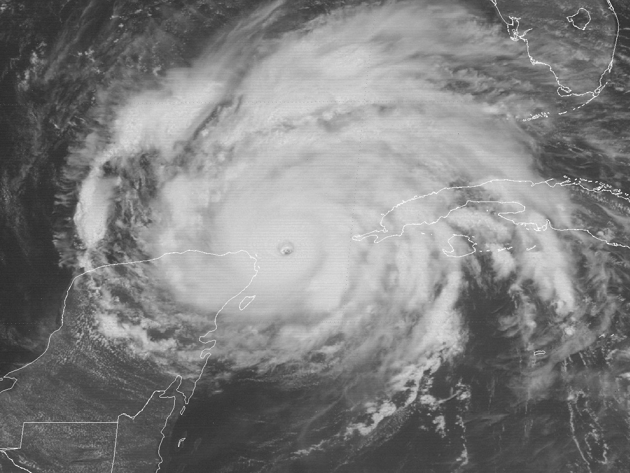 SMS-2 visible satellite image of Hurricane Allen at 12:30 PM CDT August 7, 1980 at peak intensity of 190 mph (165 knots) and minimum central pressure of 899 millibars (26.55 inches).
