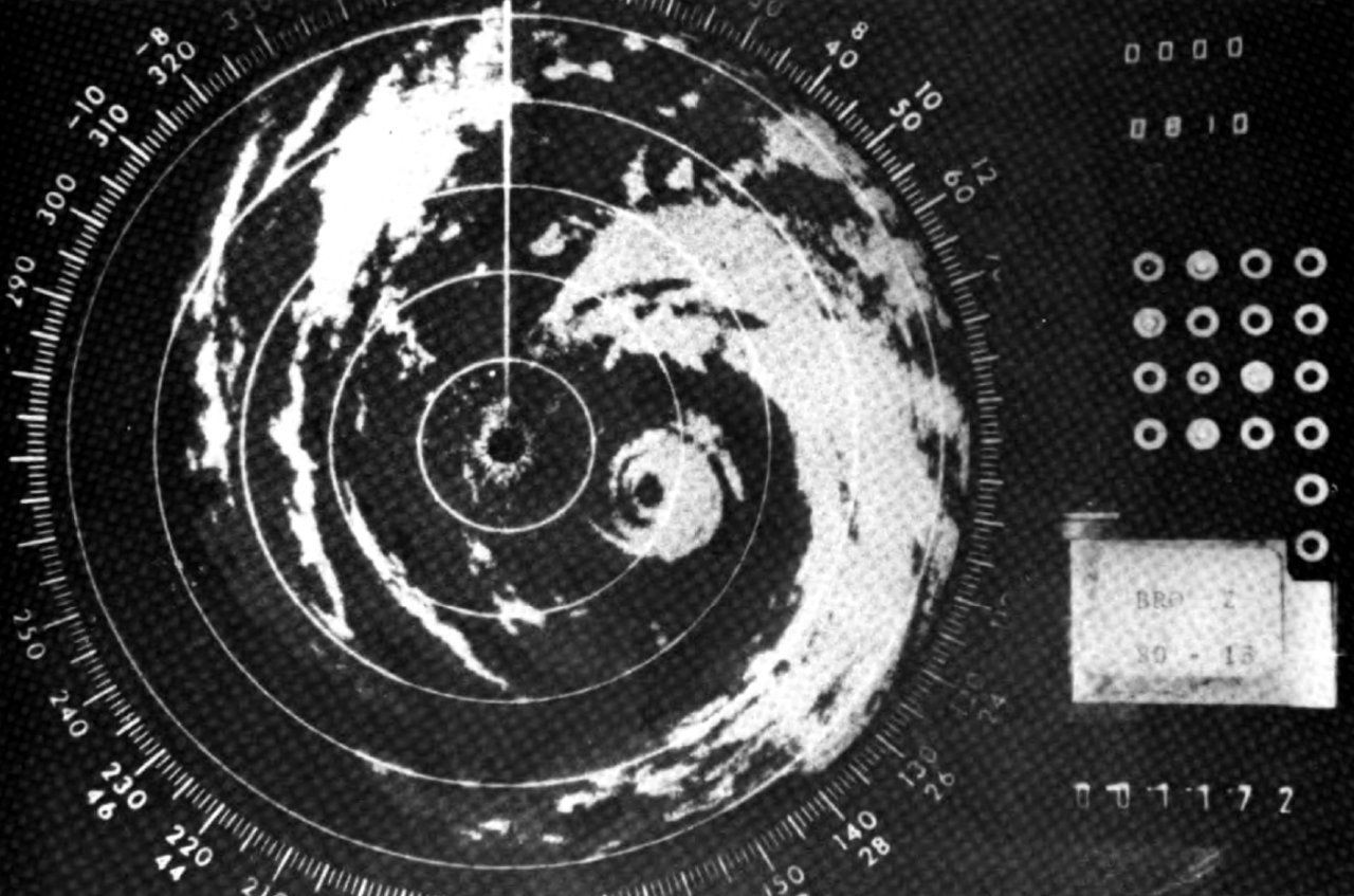 NWS Brownsville, TX WSR-57 radar photograph of Hurricane Allen east of Brownsville, TXÂ at 7:00Â PM CDT August 9, 1980.