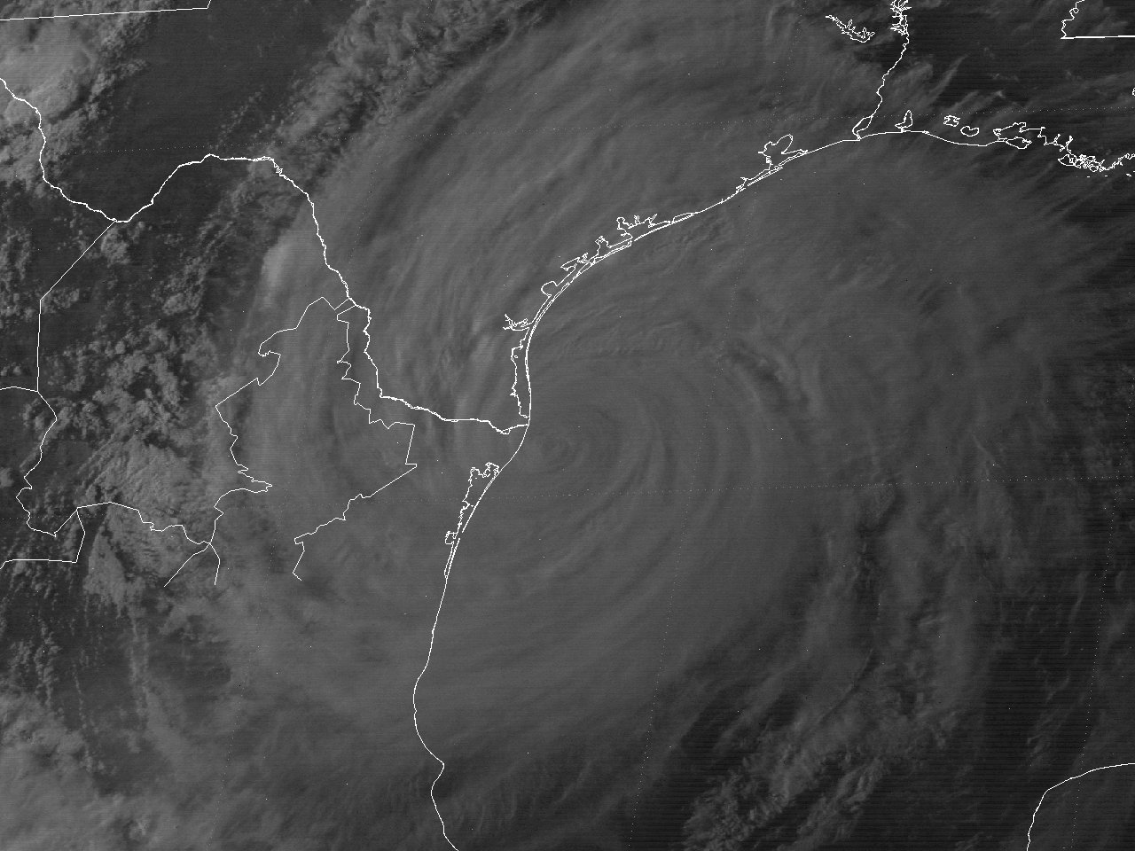 SMS-2 visible satellite image of Hurricane Allen at 7:01 PM CDT August 9, 1980, nearing landfall across South Texas.