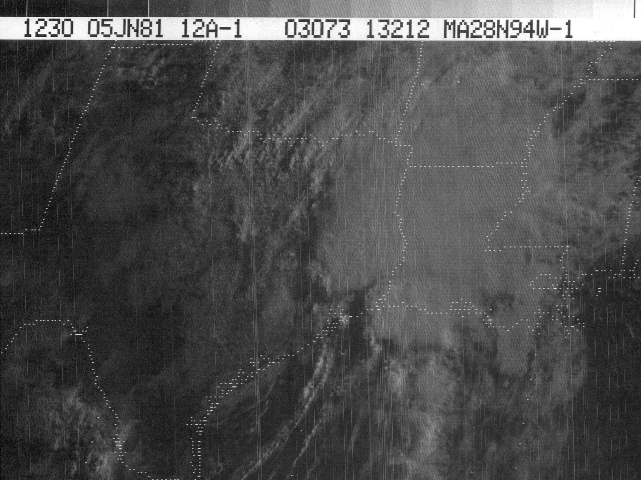 SMS-2 visible satellite image of Tropical Depression #2 at 7:30Â AM CDT June 5, 1981, shortly after landfall.