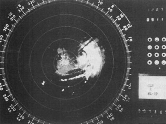 NWS Galveston, TX WSR-57 radar photograph at 7:27 AM CDT September 11, 1982, shortly after landfall just east of Sabine Pass, TX.
