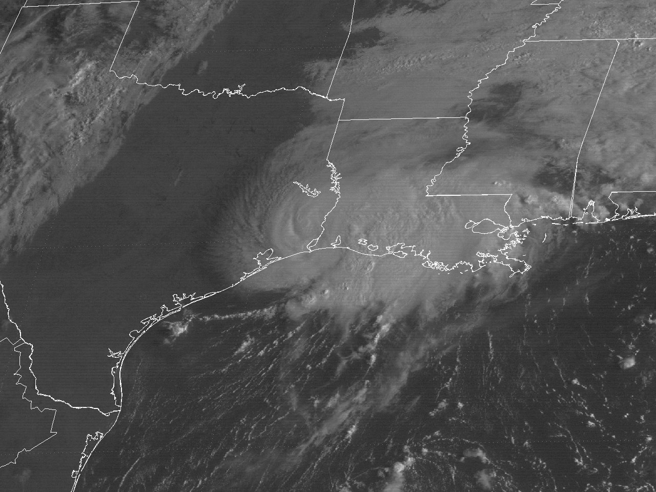 GOES-5Â visible satellite image of Tropical Storm Chris at 8:30 AM CDT September 11, 1982, shortly after landfall just east of Sabine Pass, TX.