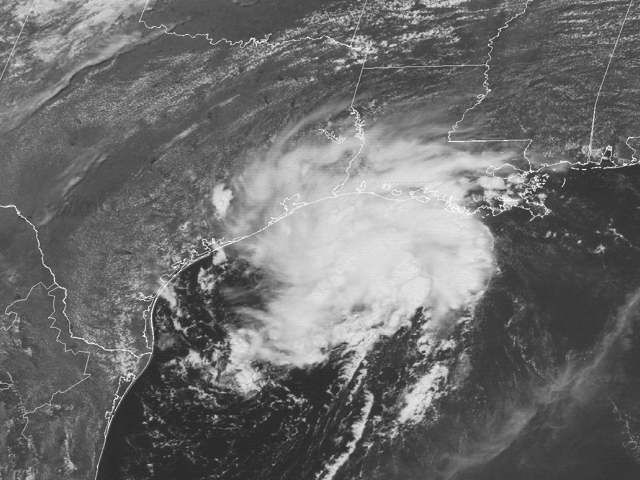 GOES-7 visible satellite image of the Unnamed Tropical Storm off the Southeast Texas Coast at 1:01 PM CDT August 9, 1987.