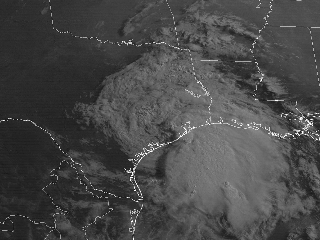 GOES-7Â visible satellite image of Tropical Storm Allison at landfall along the Texas coast at 8:01 AM CDT June 26, 1989.