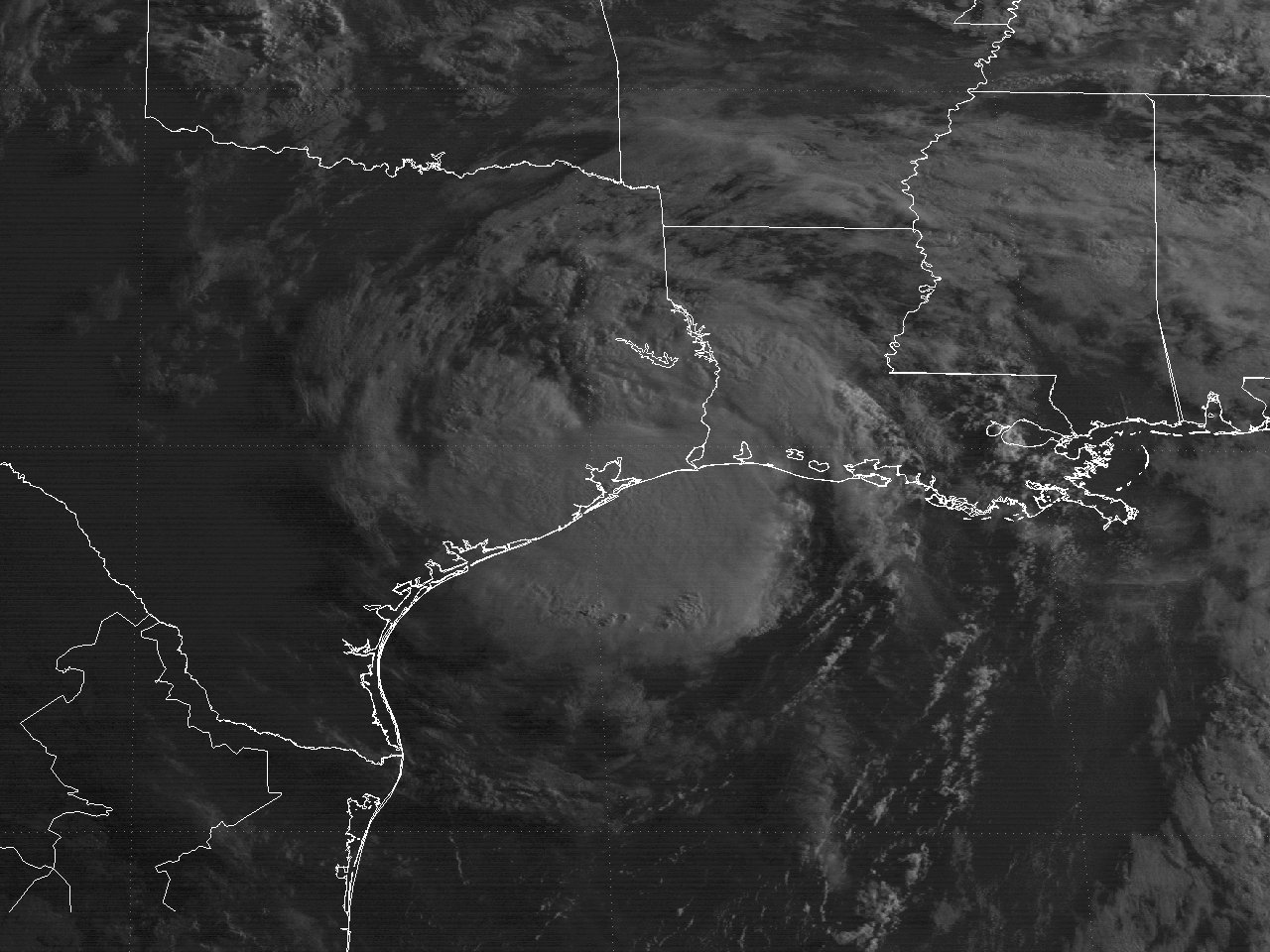 GOES-7Â visible satellite image of Hurricane Chantal at landfall along the Upper Texas coast at 7:31 AM CDT August 1, 1989.