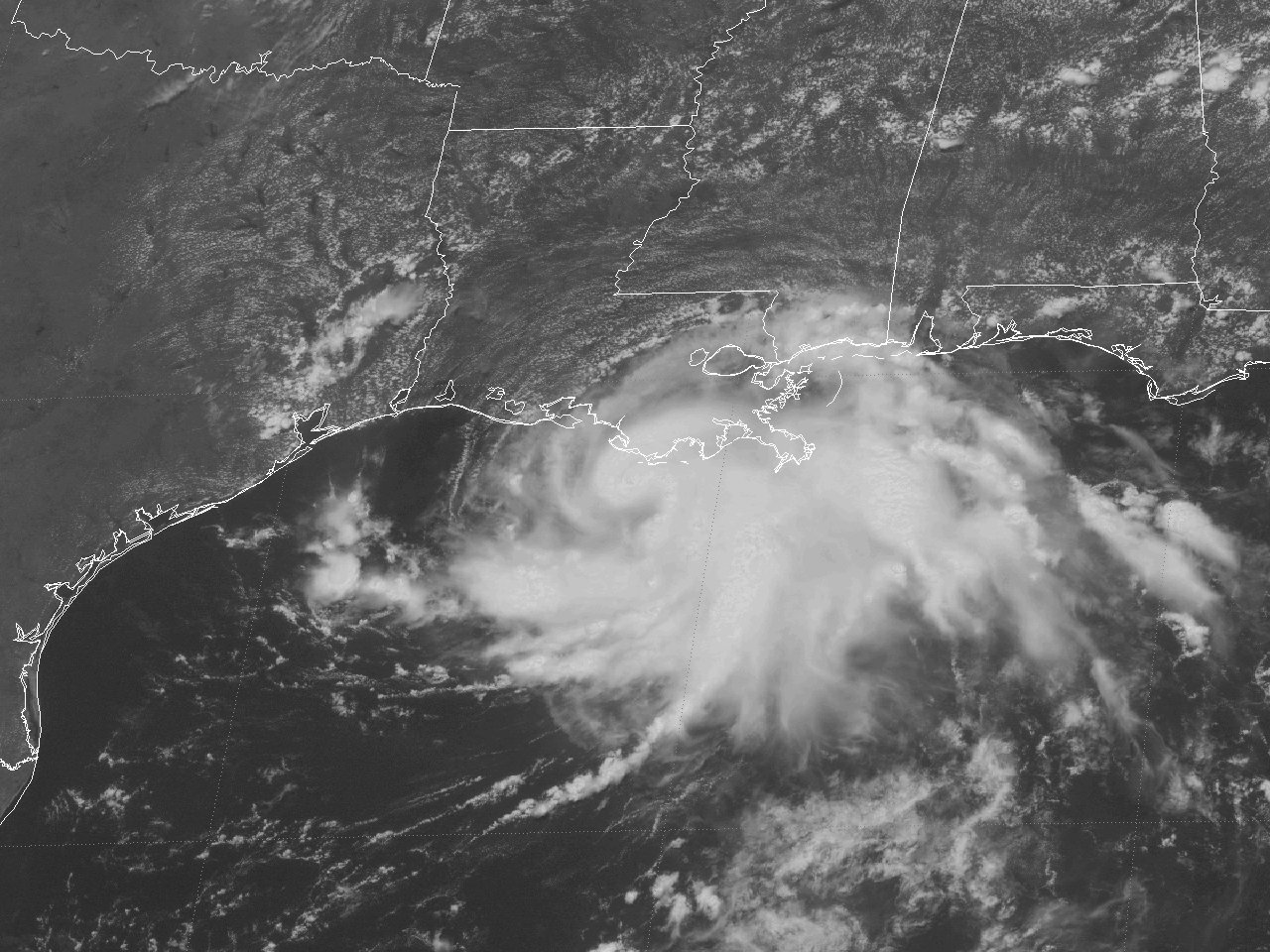 GOES-8 visible satellite image of Tropical Storm Danny strengthening off the Southeast Louisiana Coast at 1:15 PM CDT July 17, 1997.
