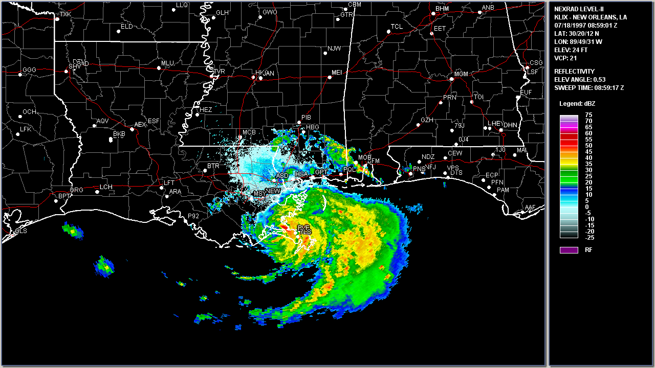 Slidell, LA WSR-88DÂ radar image of Hurricane Danny making the first landfall near Empire, Louisiana at 3:59 AM CDT July 18, 1997.