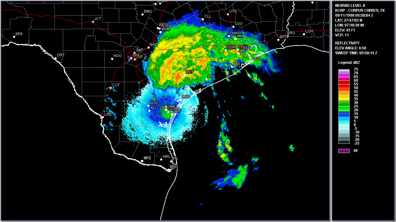 Corpus Christi, TX WSR-88D radar image of Tropical Storm Frances making landfall just north of Corpus Christi, Texas 12:58 AM CDT September 11, 1998.