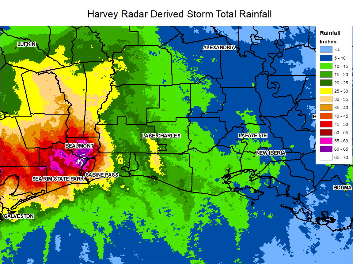 Raw NOAA Multi-radar multi-sensor quantitative precipitation estimation (inches) for Harvey in southeastern Texas from August 25-September 1, 2017.