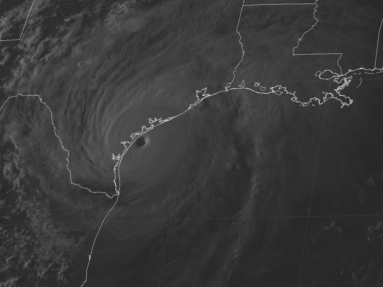 GOES 13 Visible Satellite Image of Hurricane Harvey just prior to Central Texas landfall at 6:30 PM CDT on August 25, 2017.