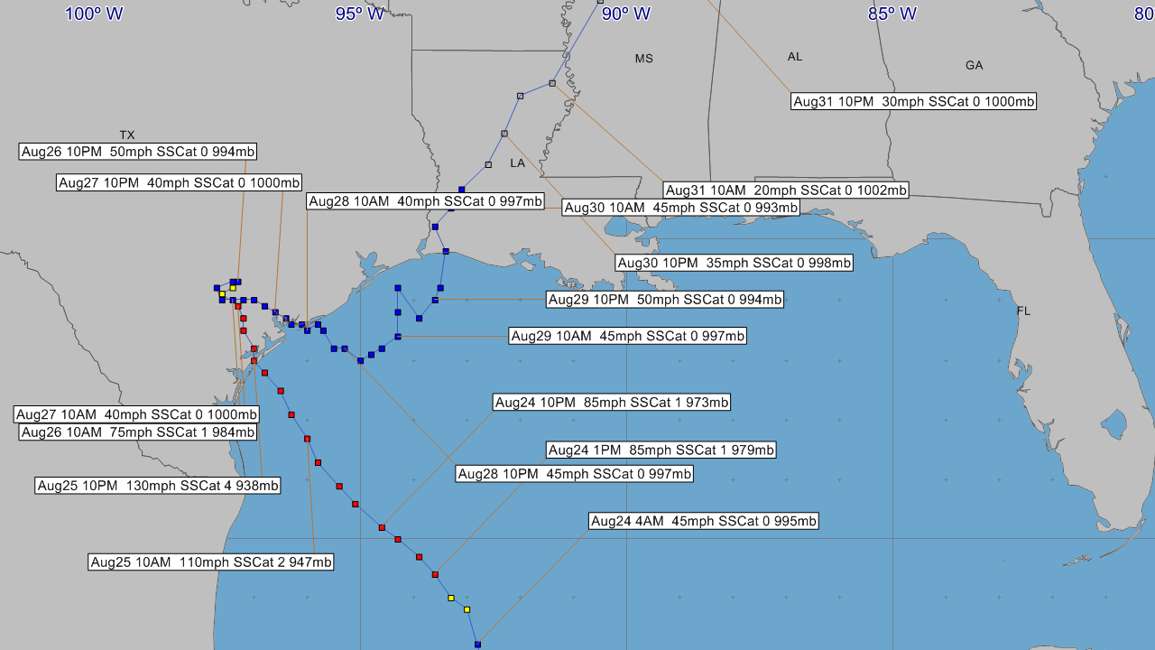 Hurrevac track of Hurricane Harvey from operational National Hurricane Center public advisories.