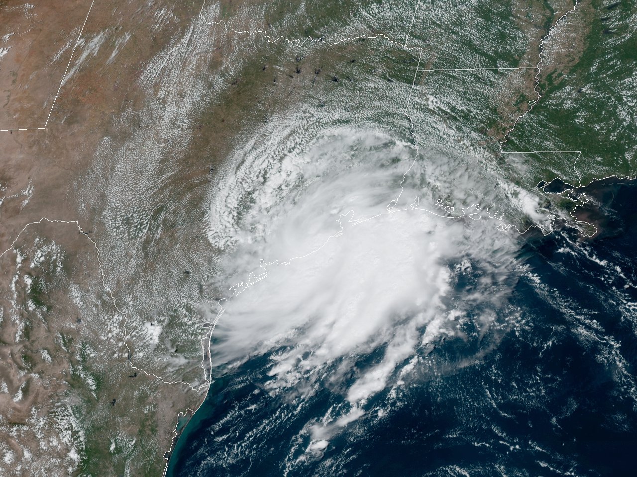 GOES 16 GeoColor Satellite Image of Tropical Storm Imelda around landfall at Freeport, TX at 1:01 PM CDT on September 17, 2019.