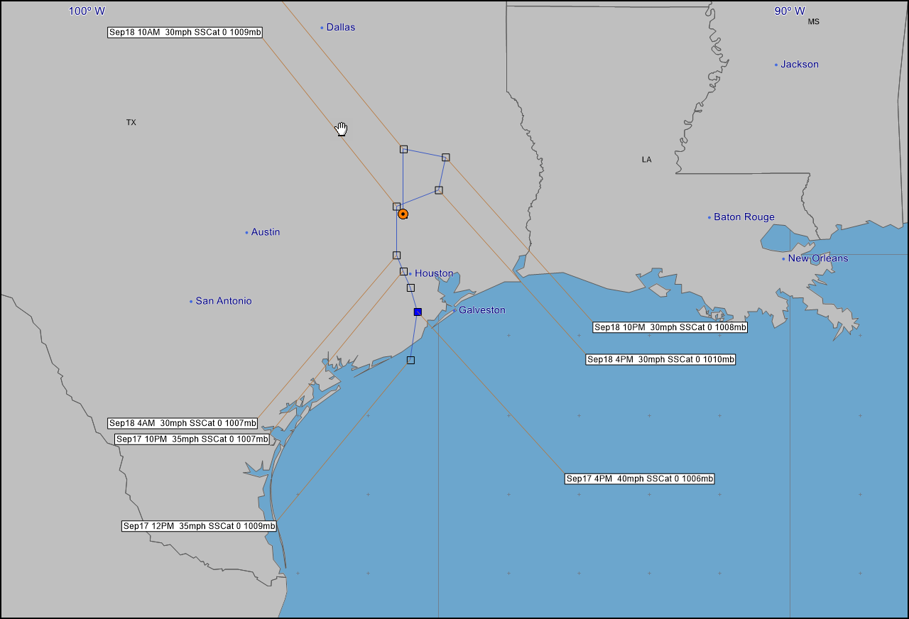 Hurrevac track of Tropical Storm Imelda from operational National Hurricane Center public advisories.