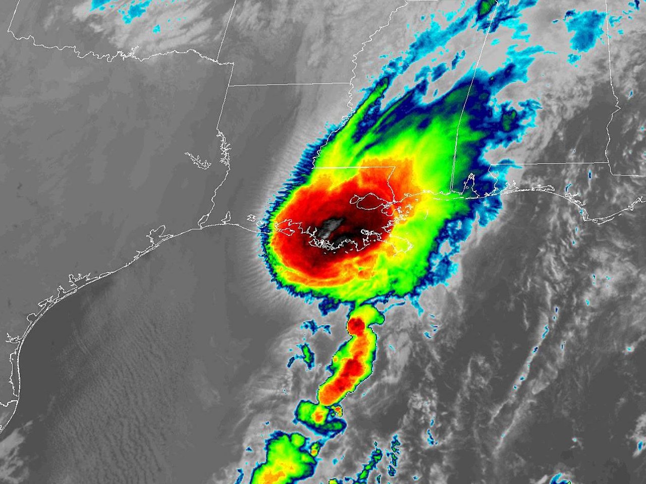 GOES 16 Band 13 Infrared Satellite Image of Post-Tropical Storm Olga coming ashore St. Mary & Terrebonne Parishes in Southern Louisiana at 1:31 AM CDT on October 26, 2019.