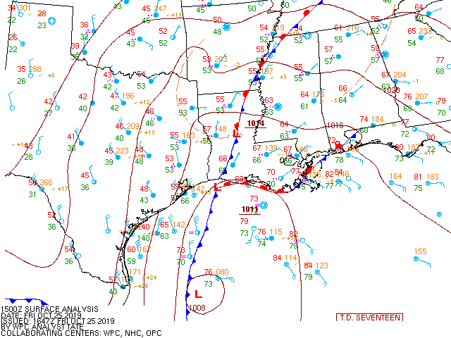 3 hourly surface analysis animation showing Olga's transformation from a tropical cyclone into a post-tropical cyclone, or in this case, extratropical cyclone, within the strong cold front in the Gulf.