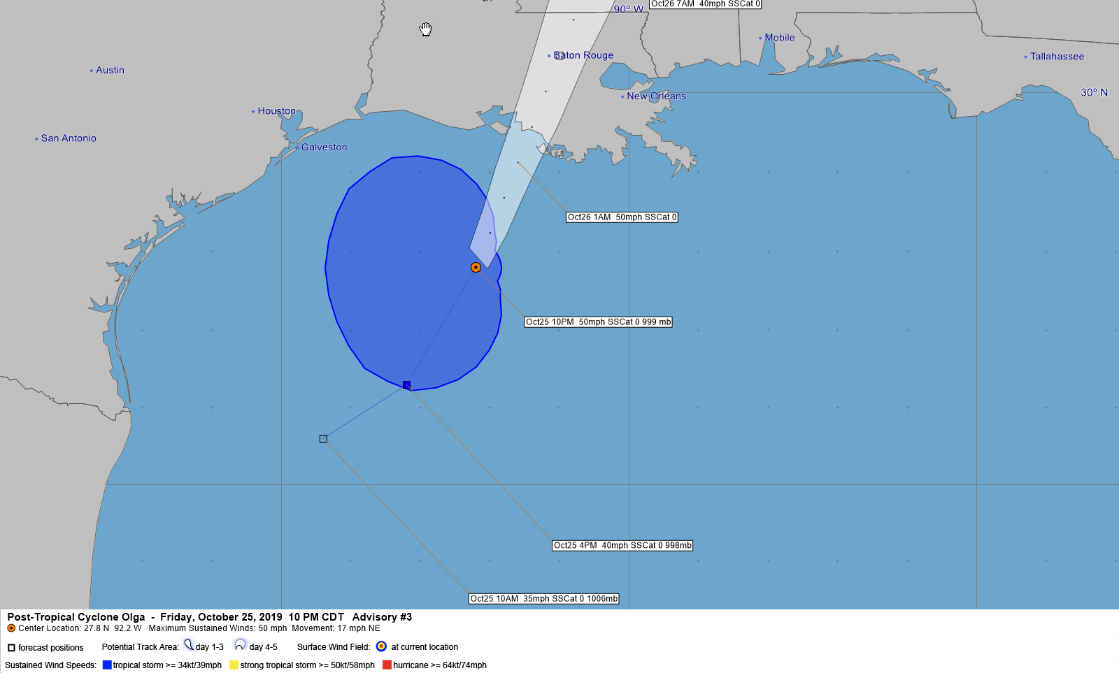 Hurrevac track of Olga from operational National Hurricane Center public advisories.