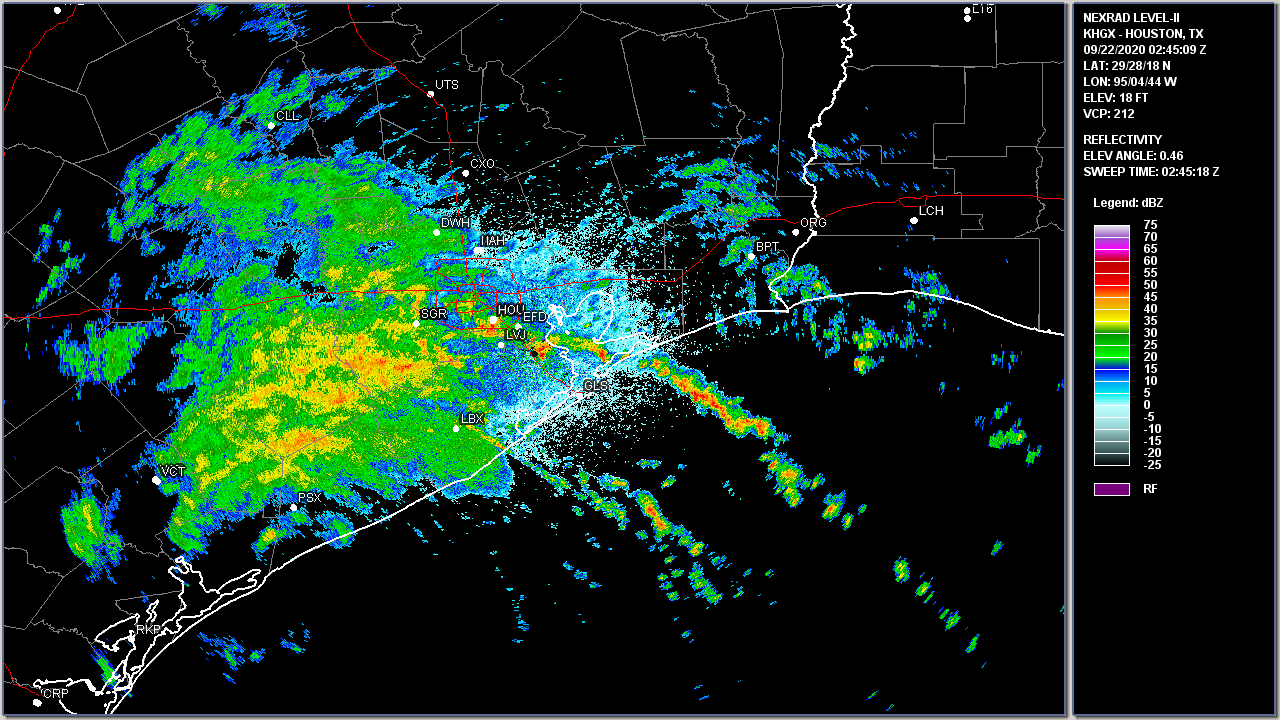 Houston, TX WSR-88D radar Image of Tropical Storm Beta making landfall across Matagorda Bay, TXÂ at 9:45Â PM CDT September 22, 2020.