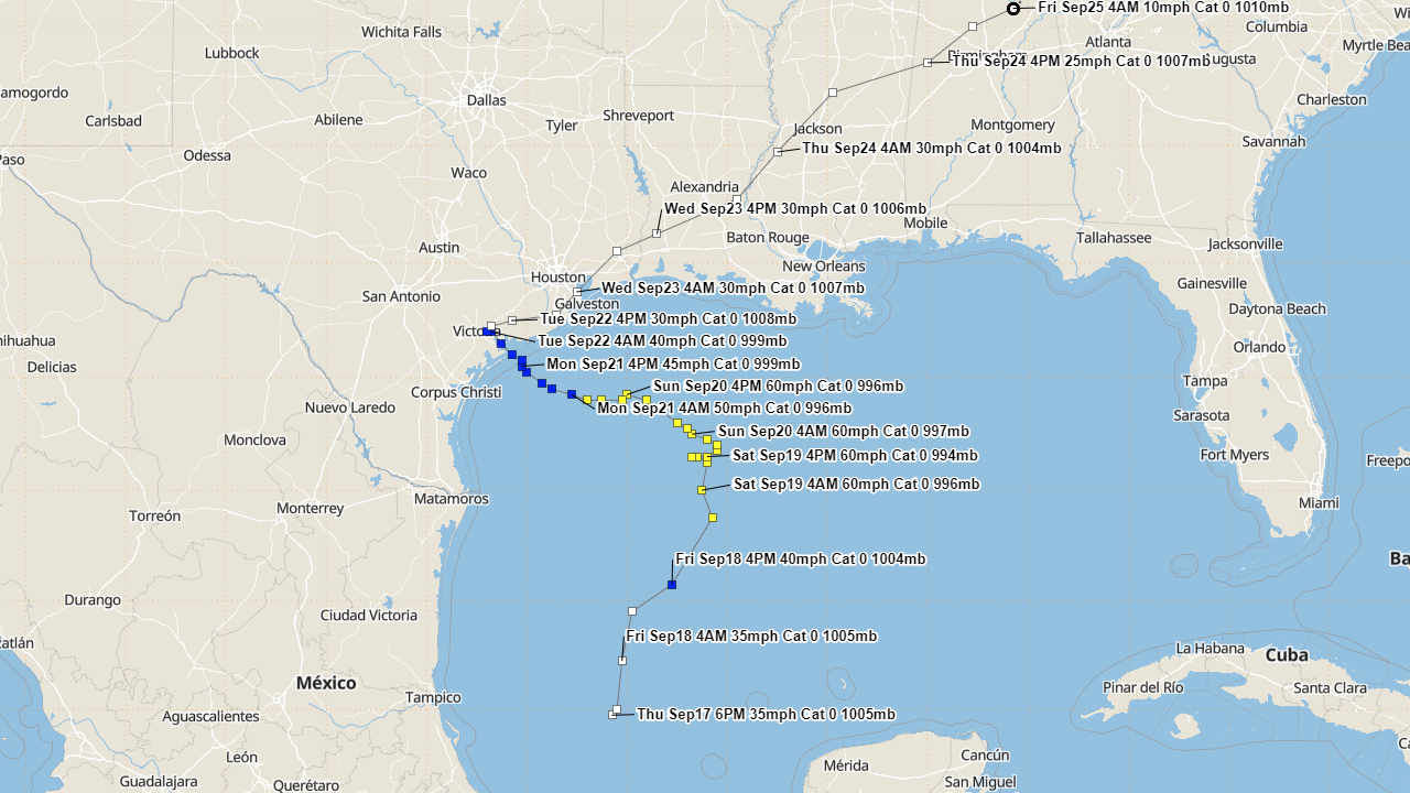 Hurrevac track of Tropical Storm Beta from operational National Hurricane Center public advisories.