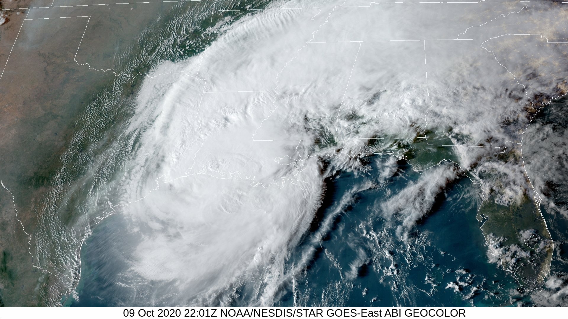 GOES 16 GeoColor Satellite Image of Hurricane Delta at 5:01 PM CDT on October 9, 2020.