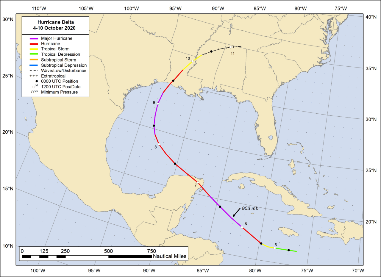 National Hurricane Center best track of Hurricane Delta.
