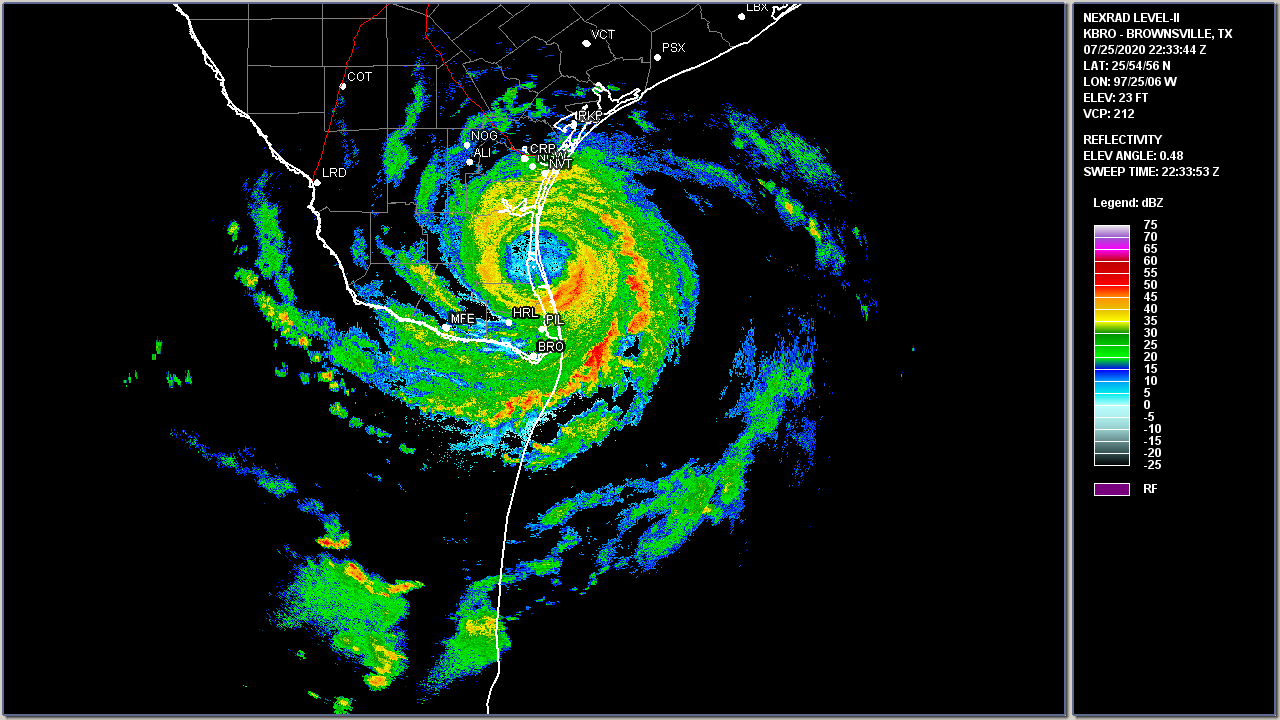 Brownsville, TX WSR-88D Radar Image of Hurricane Hanna making landfall at 5:33 PM CDT July 25, 2020.