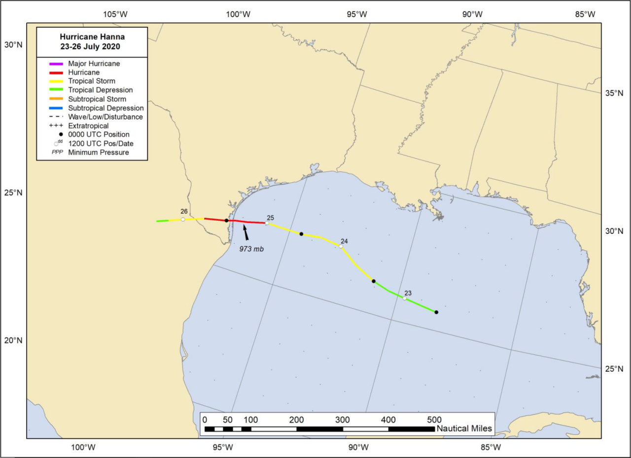 National Hurricane Center best track of Hurricane Hanna.