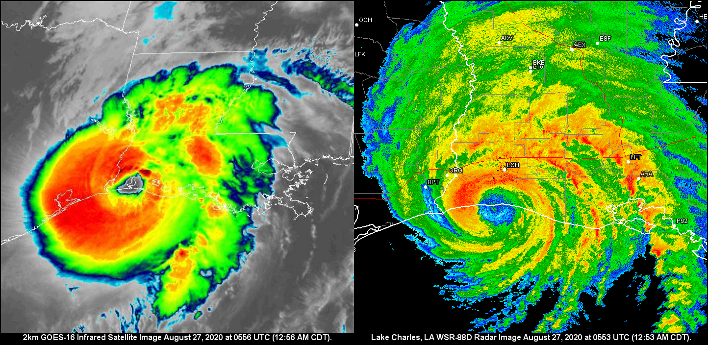 Hurricane Laura at Cameron, LA Landfall:  2km Infrared satellite image at 0556 UTC (12:56 AM CDT) & Lake Charles, LA WSR-88D radar image at 0553 UTC (12:53 AM CDT) on August 27, 2020.