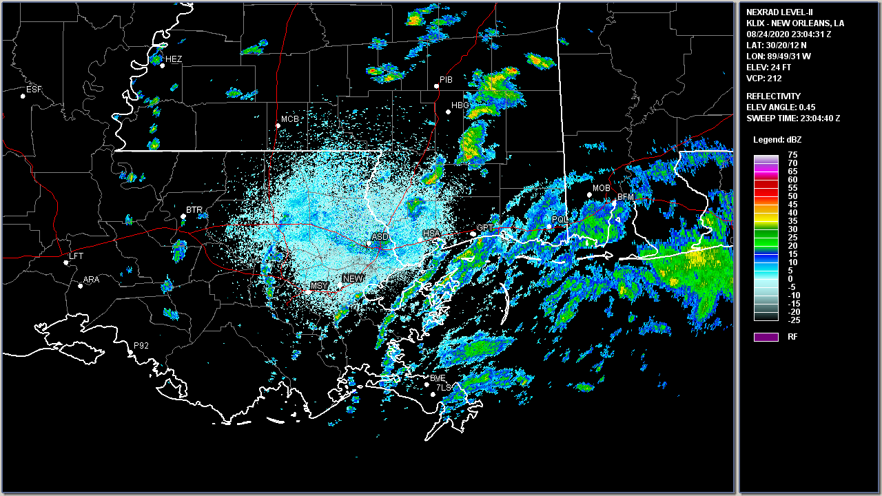New Orleans, LA WSR-88D radar image of Tropical Storm Marco Landfall at 2304 UTC (6:04 PM CDT) on August 24, 2020.