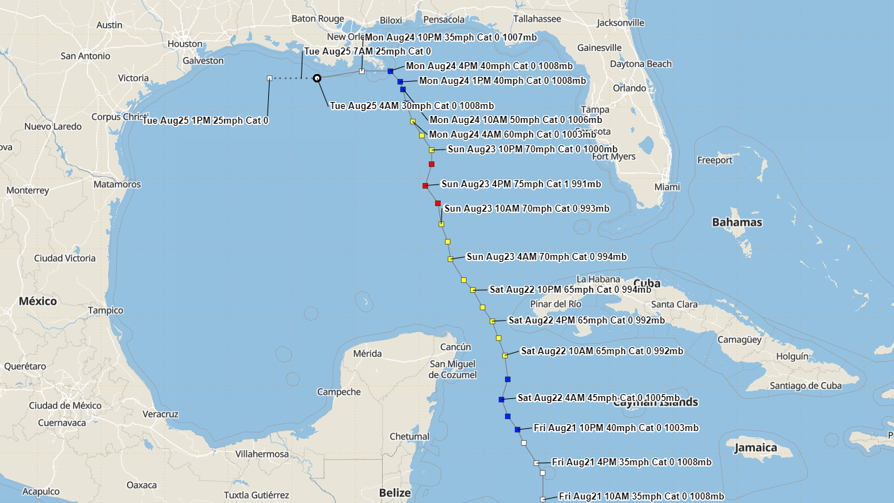 Hurrevac track of Hurricane Marco from operational National Hurricane Center public advisories.