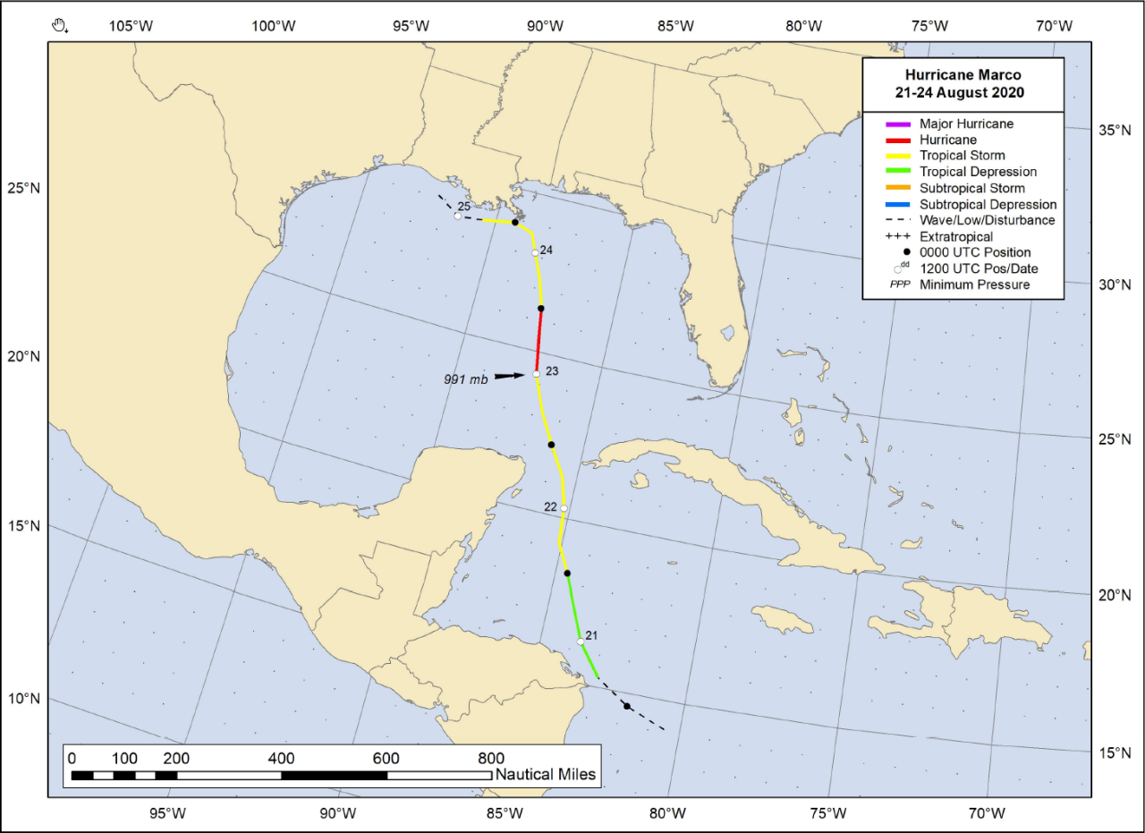 National Hurricane Center best track of Hurricane Marco.