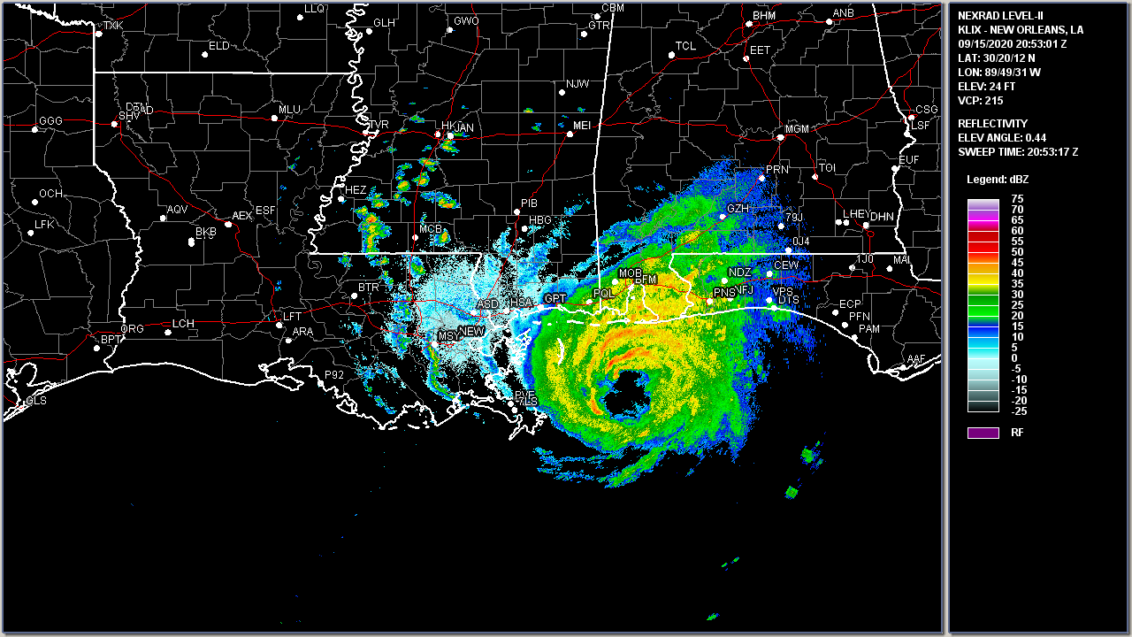 New Orleans, LA WSR-88D radar image of Hurricane Sally's closest approach to Southeast Louisiana at 2053Â UTC (3:53Â PM CDT) on September 15, 2020.