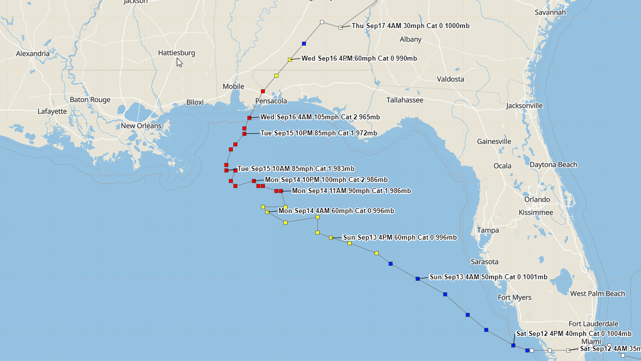 Hurrevac track of Hurricane Marco from operational National Hurricane Center public advisories.
