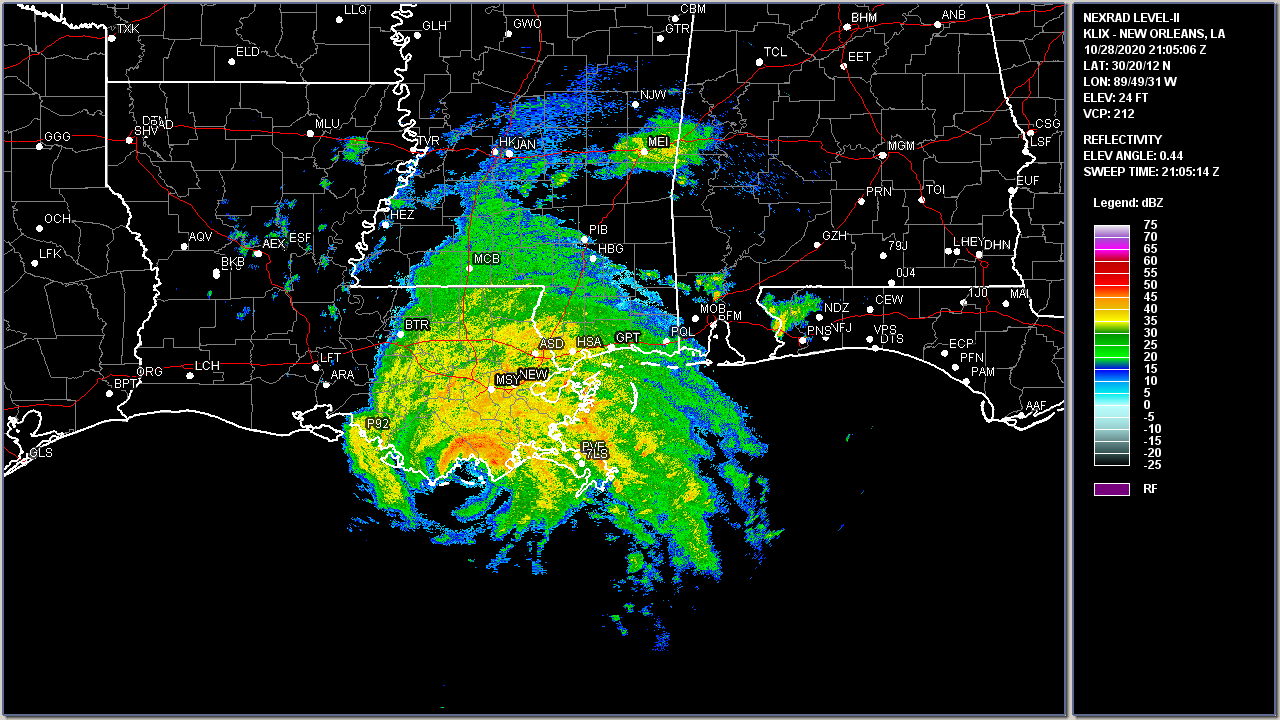 New Orleans, LA WSR-88D radar image of Hurricane Zeta landfall at 4:05 PM CDT on October 28, 2020.