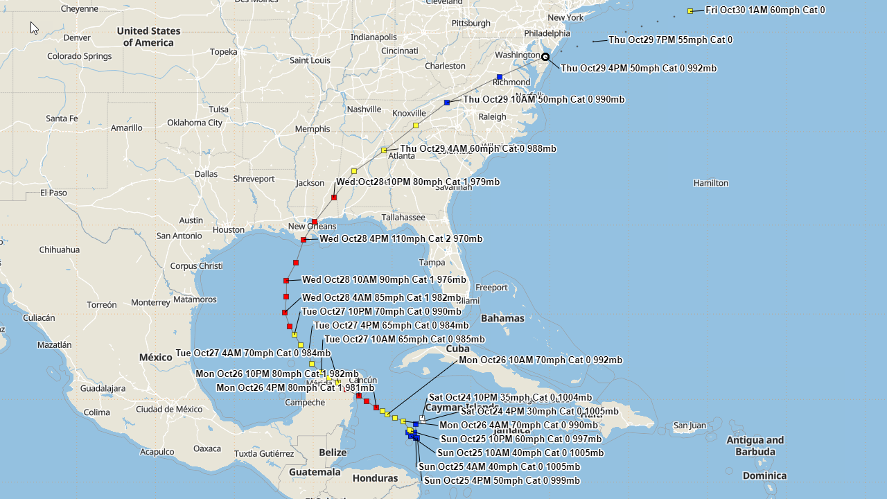 Hurrevac track of Hurricane Zeta from operational National Hurricane Center public advisories.