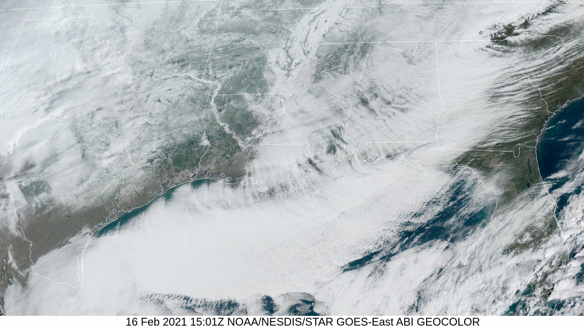 GOES 16 GeoColor Satellite Image February 16, 2021 showing the extent of the ice cover.