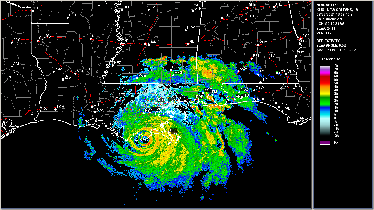 New Orleans, LA WSR-88D radar image of Hurricane Ida at 11:58Â AM CDTÂ on August 29, 2021.