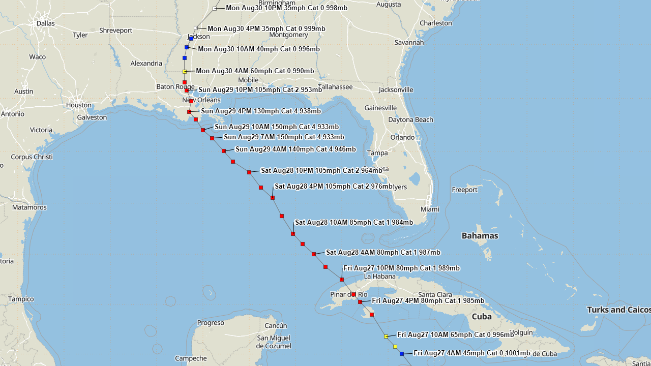 Hurrevac Gulf of Mexico track of Hurricane Ida from operational National Hurricane Center public advisories.