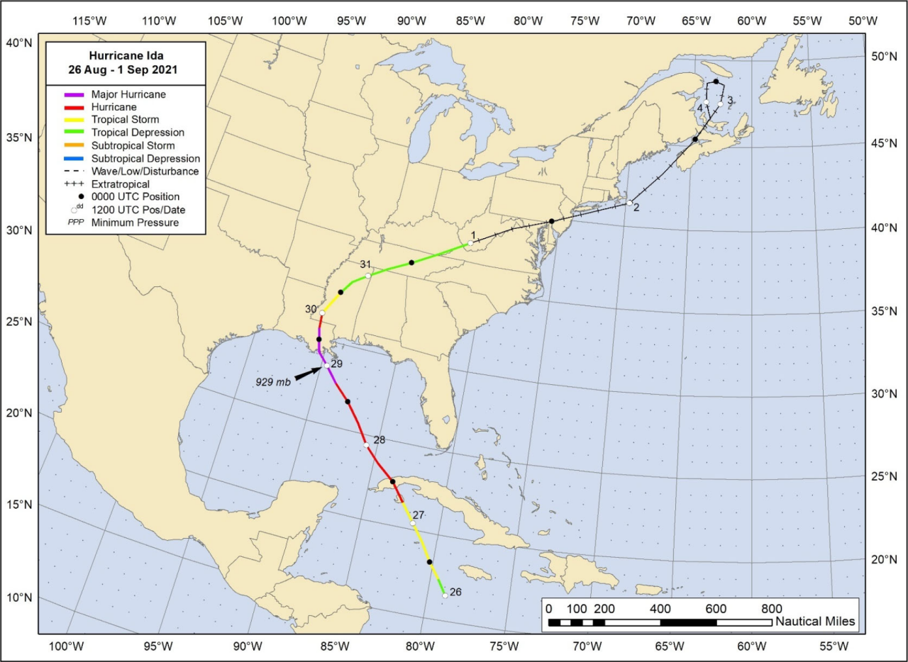 National Hurricane Center best track of Hurricane Ida.