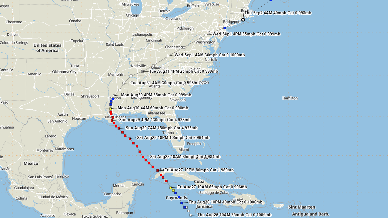 Hurrevac track of Hurricane Ida from operational National Hurricane Center public advisories.