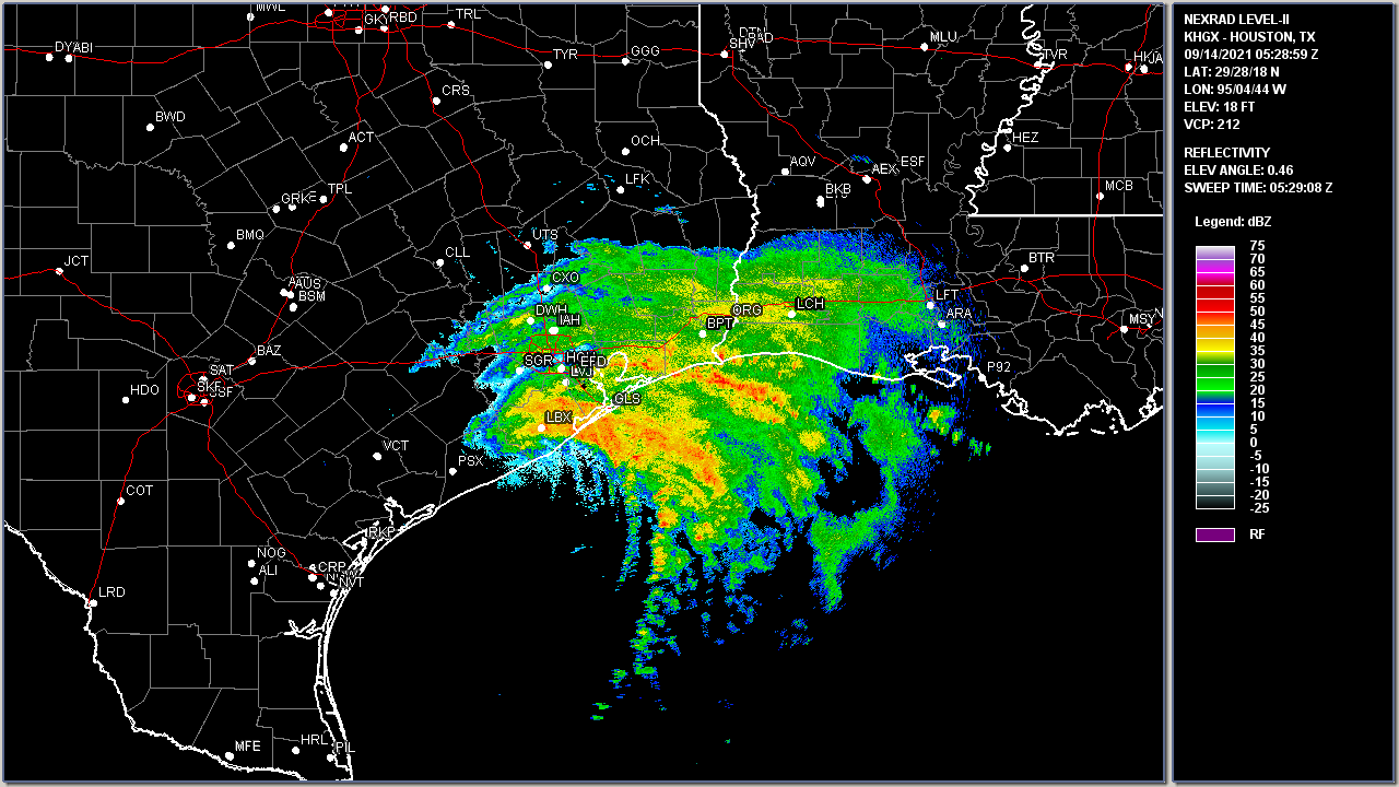 Houston, TXÂ WSR-88D radar image of Hurricane Nicholas at 0529 UTC (12:29Â AM CDT) on September 14, 2021.