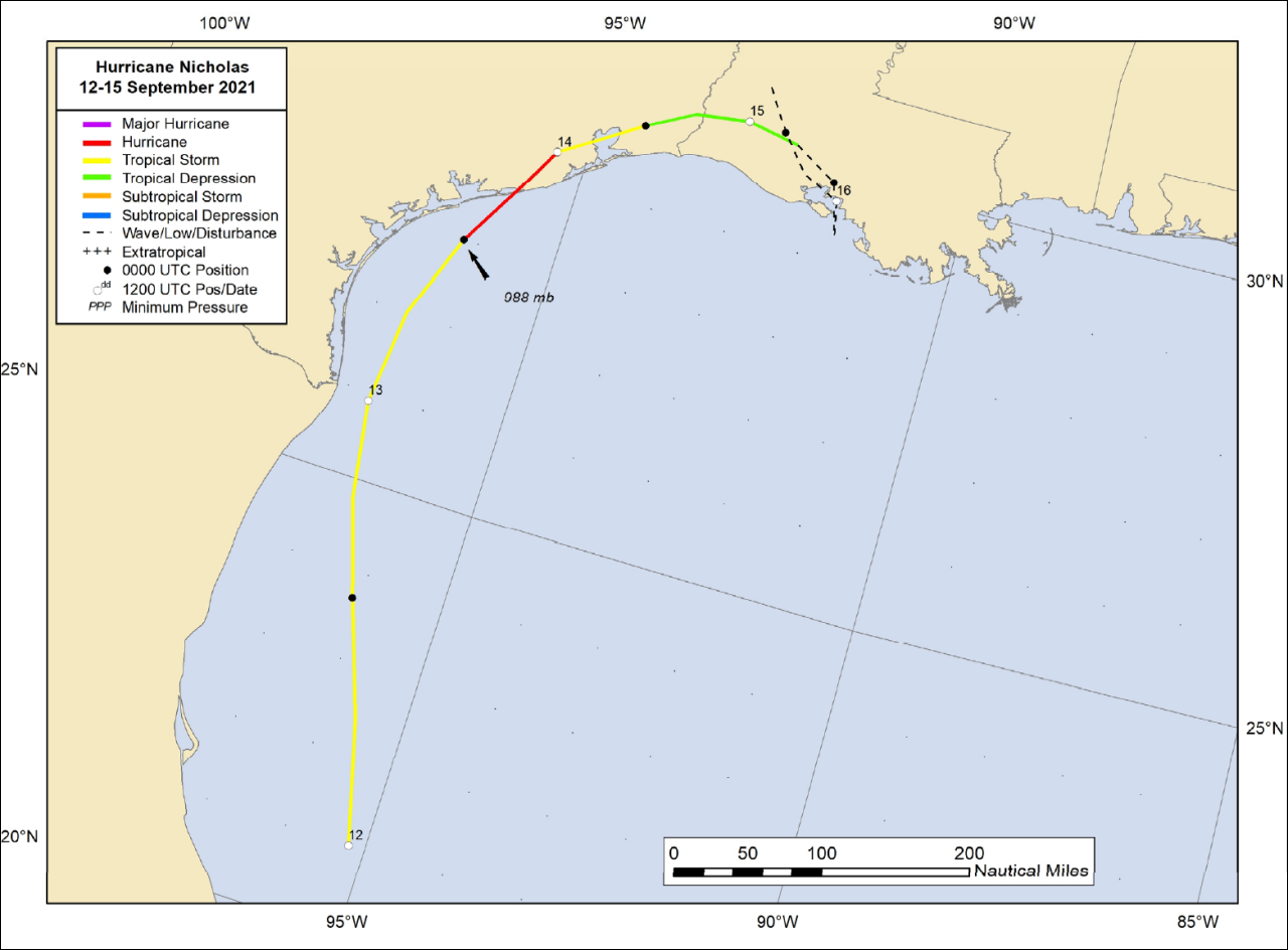 National Hurricane Center best track of Hurricane Nicholas.
