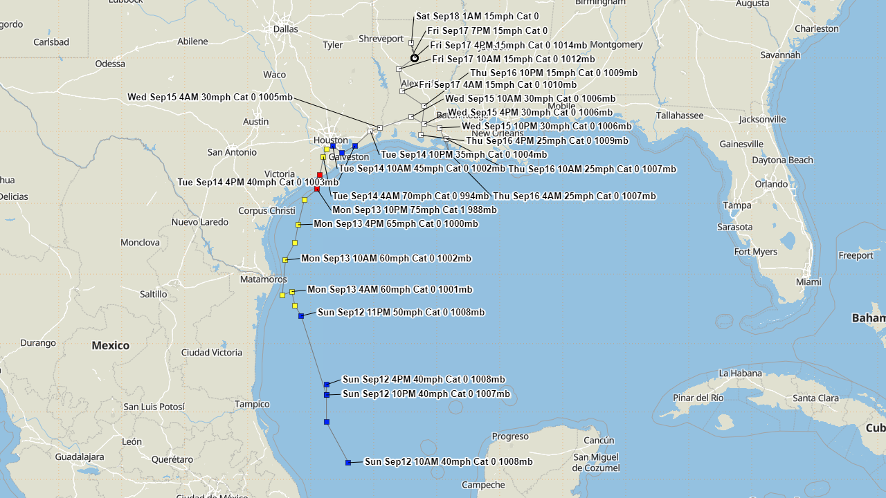 Hurrevac track of Hurricane Nicholas from operational National Hurricane Center public advisories.