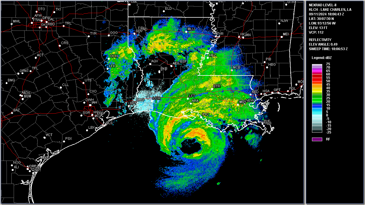 Lake Charles, LA WSR-88D radar image of Hurricane Francine at 1:06 PM CDT September 11, 2024.